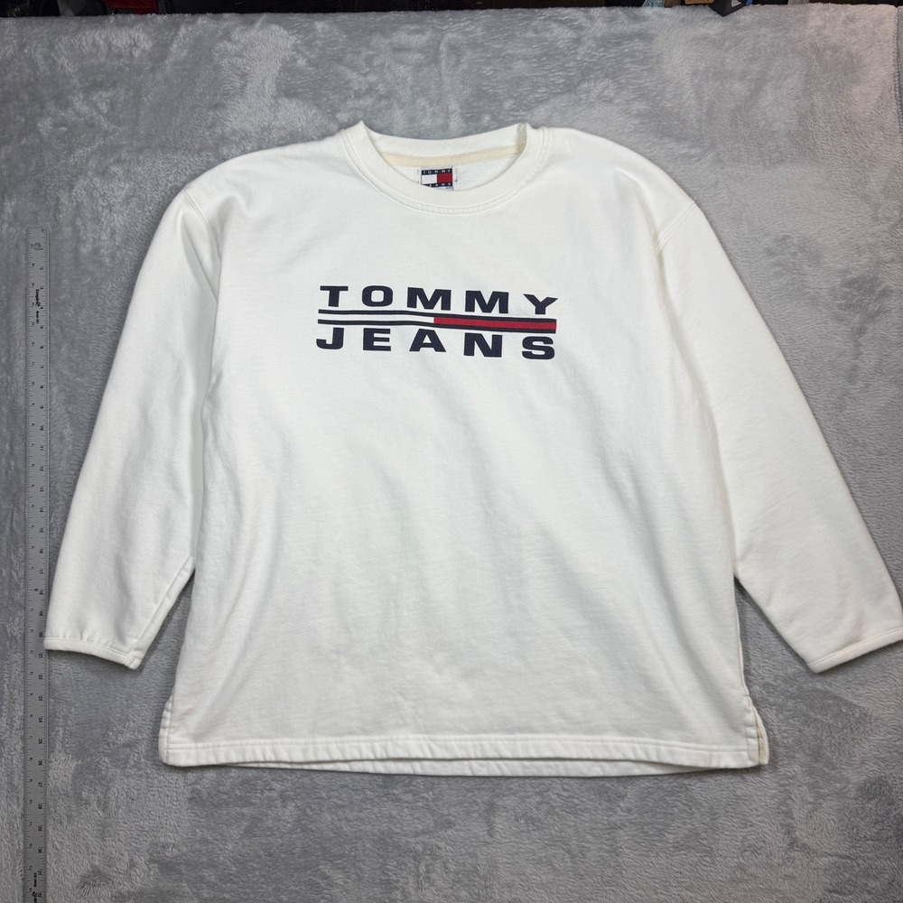 Vintage Tommy Jeans Sweatshirt Mens XL White Spell Out Logo Pullover Y2K